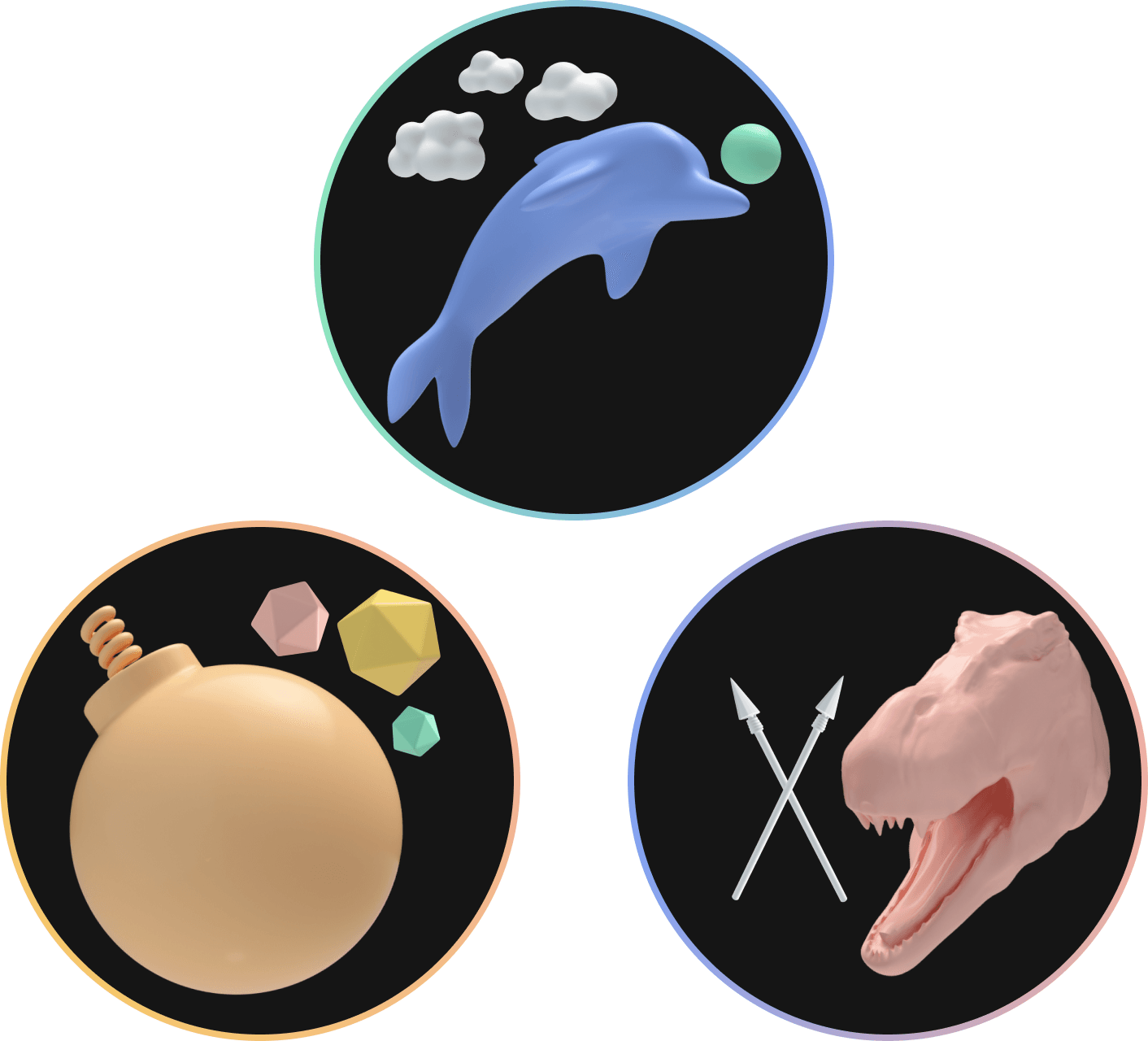 Three circles making an equilateral triangle. The lower left circle contains an orange cartoon bomb with a red, yellow, and green D20 floating to the upper right of it. The top circle contains a blhapticue bulbous dolphin jumping high into the clouds bouncing a green ball off its nose. The lower right circle contains a ferocious-looking red tyrannosaurus rex opening its jaws towards two crossed white spears.