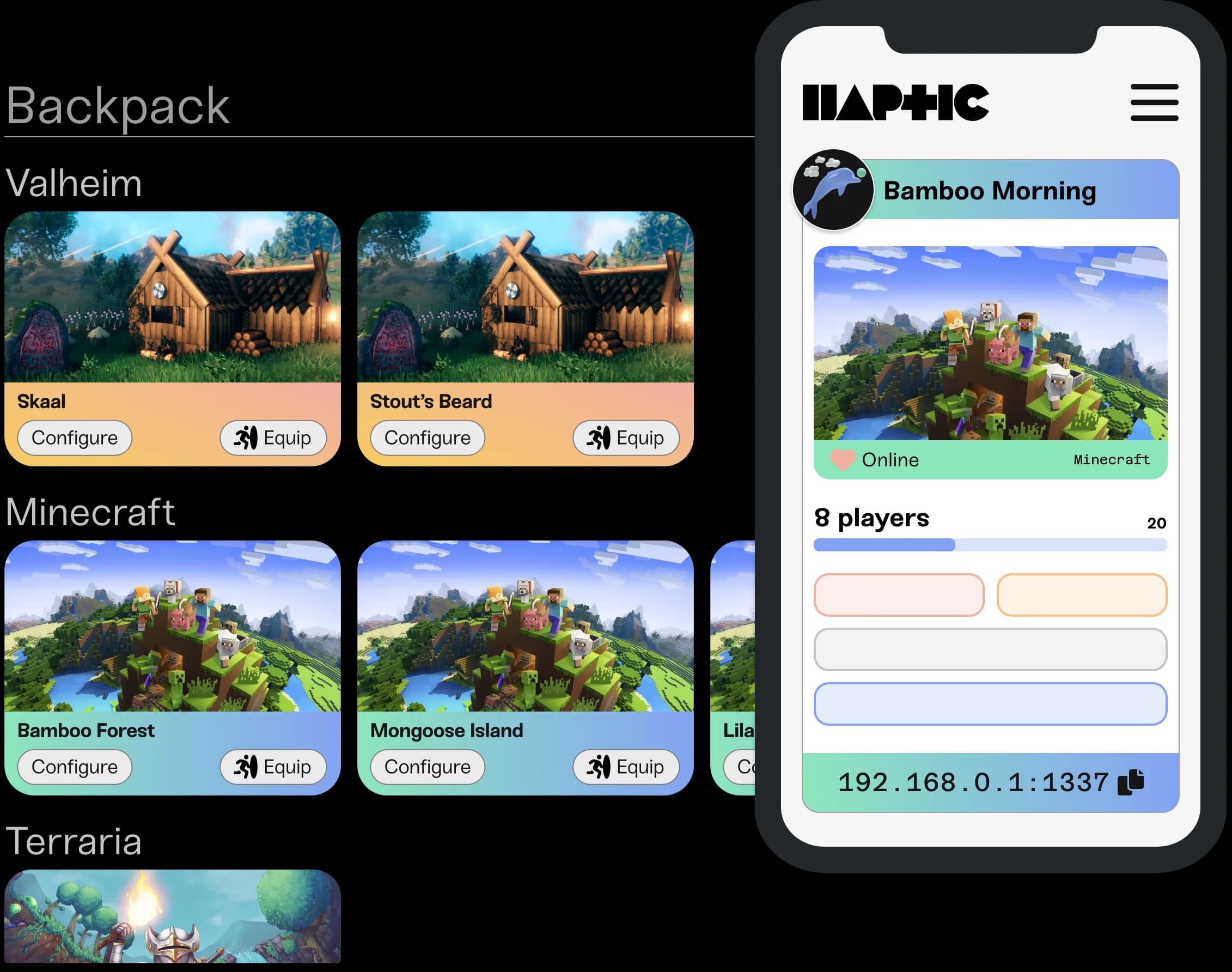 Smart phone with a screenshot of a Haptic game server interface