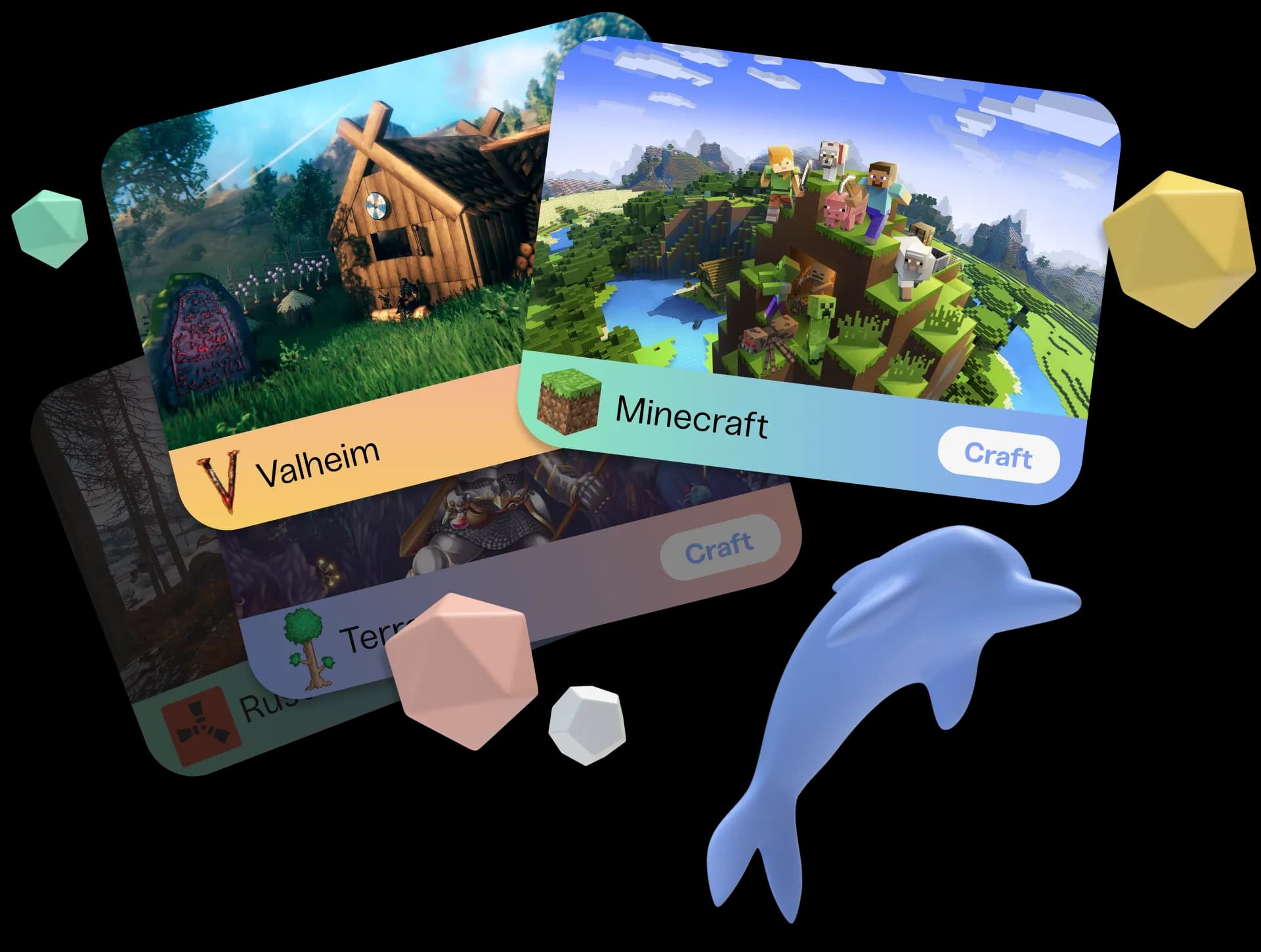 a stack of cards representing the games Minecraft, Valheim, Terraria, and Rust.