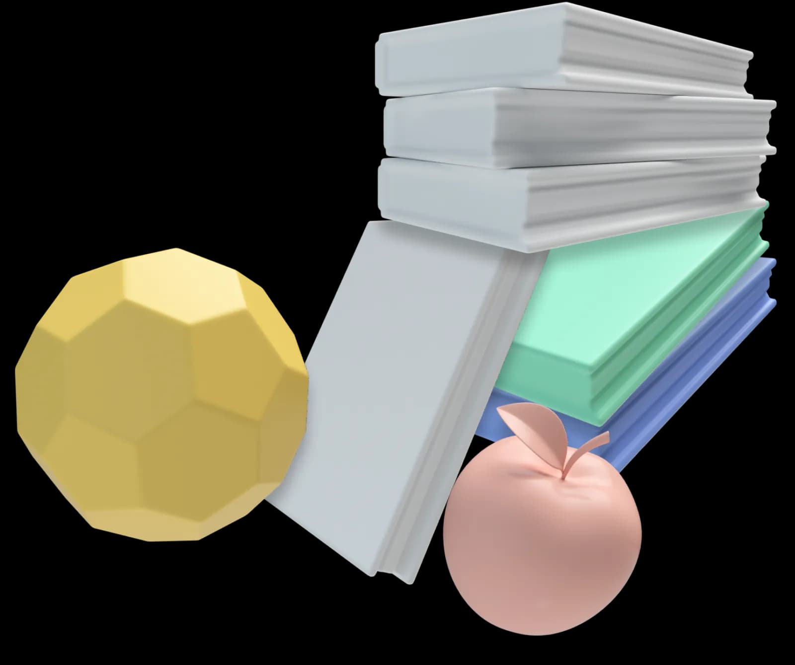 A yellow soccer ball leaning against a stack of mostly white books, next to a red apple. There also happens to be a blue and green book underneath the stack.