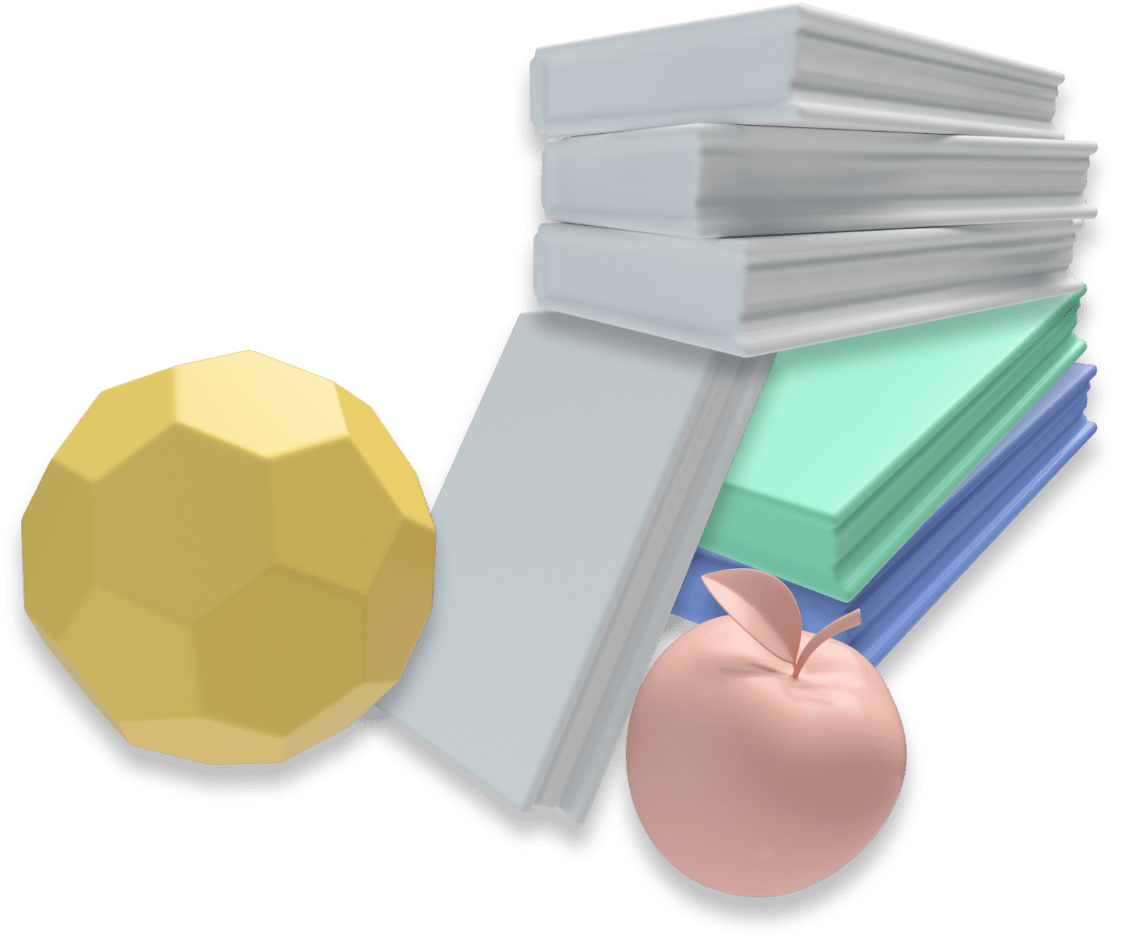 A yellow soccer ball leaning against a stack of mostly white books, next to a red apple. There also happens to be a blue and green book underneath the stack.