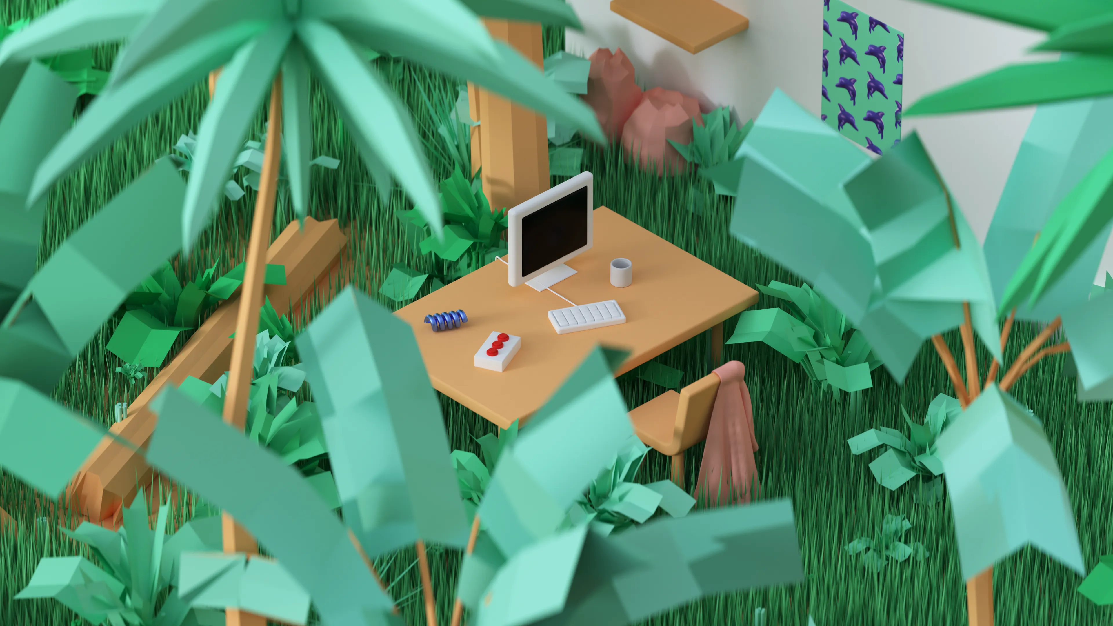A desk with a white monitor, mug, and keyboard, with a chair pulled up to it, sitting in the middle of a jungle - Haptic game servers are so immersive, it's hard to remember you're gaming in the middle of a jungle.