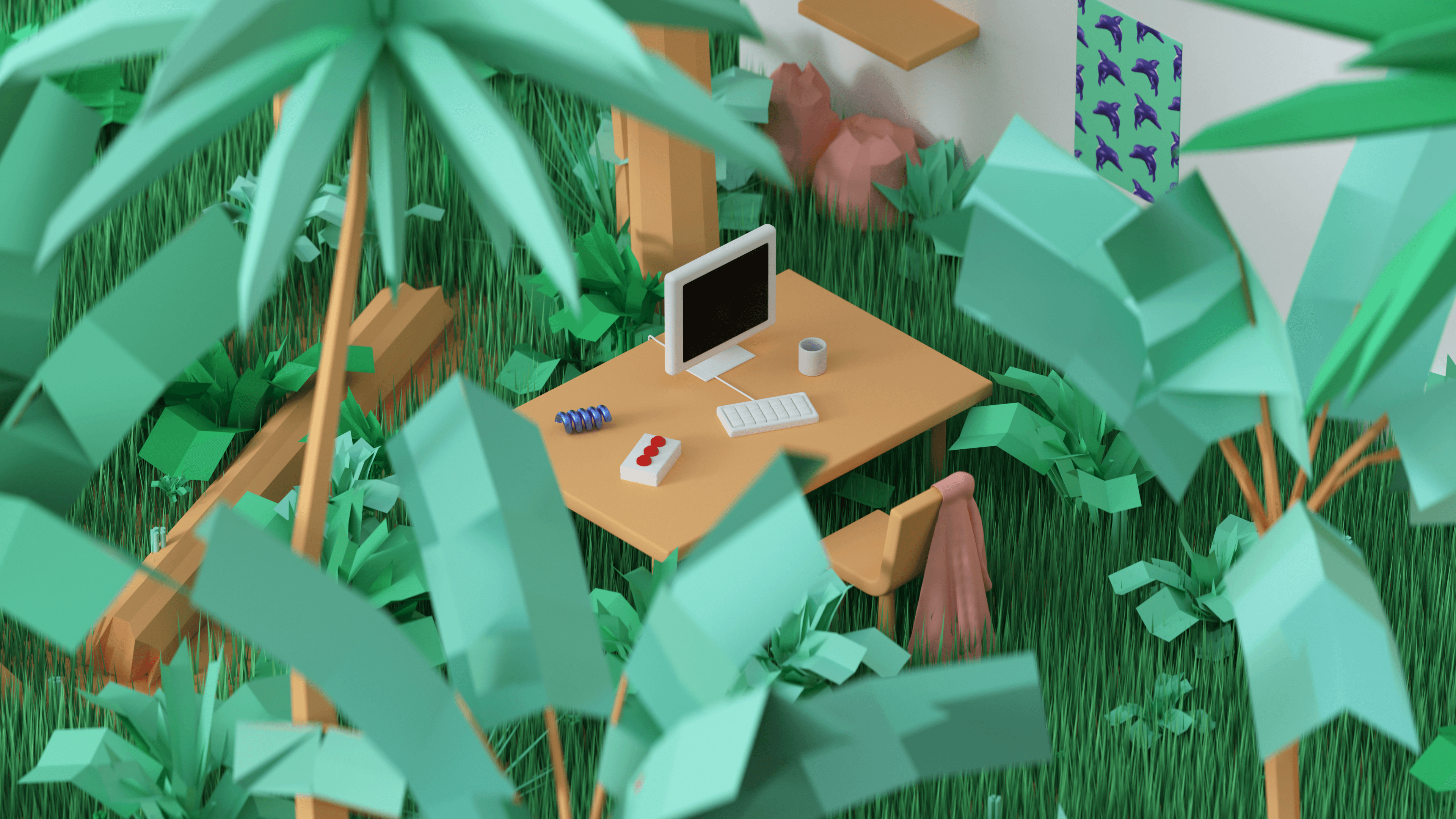 A desk with a white monitor, mug, and keyboard, with a chair pulled up to it, sitting in the middle of a jungle - Haptic game servers are so immersive, it's hard to remember you're gaming in the middle of a jungle.