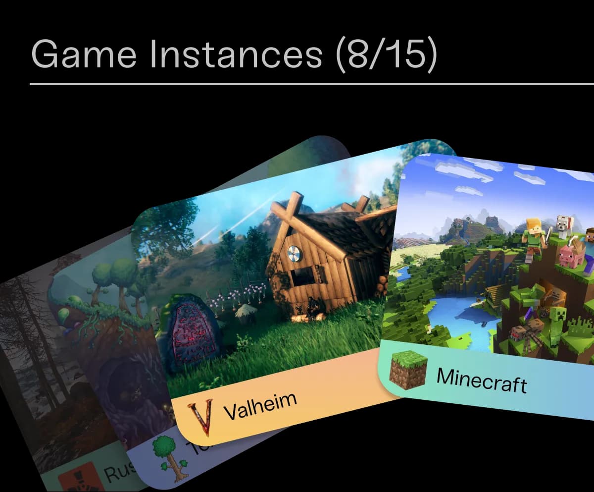 Rust, Terraria, Valheim, and Minecraft as game server instances displayed as a stack of cards.