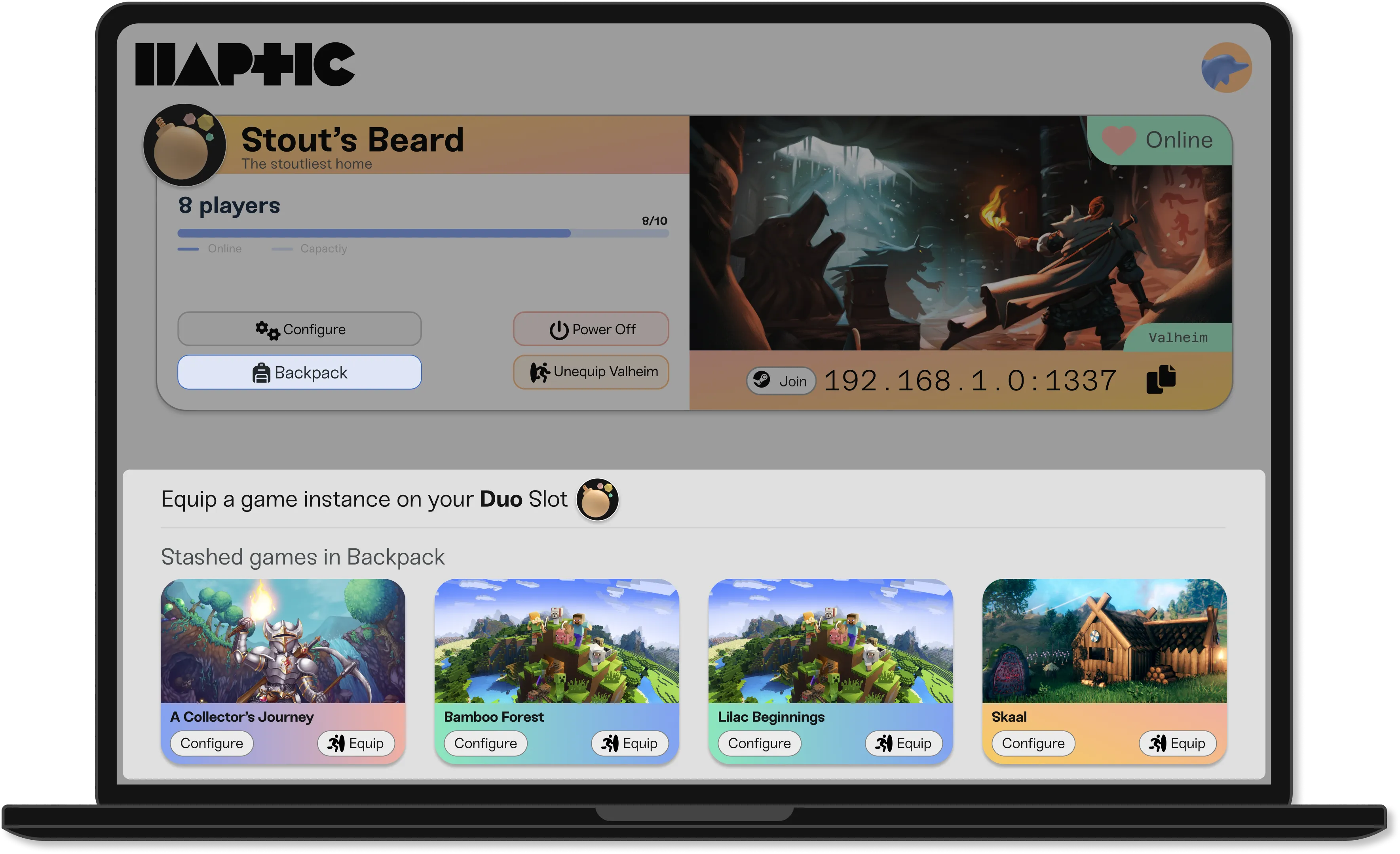 A laptop with Haptic's Backpack sliding up from the bottom of the screen with four game instances stashed in it.