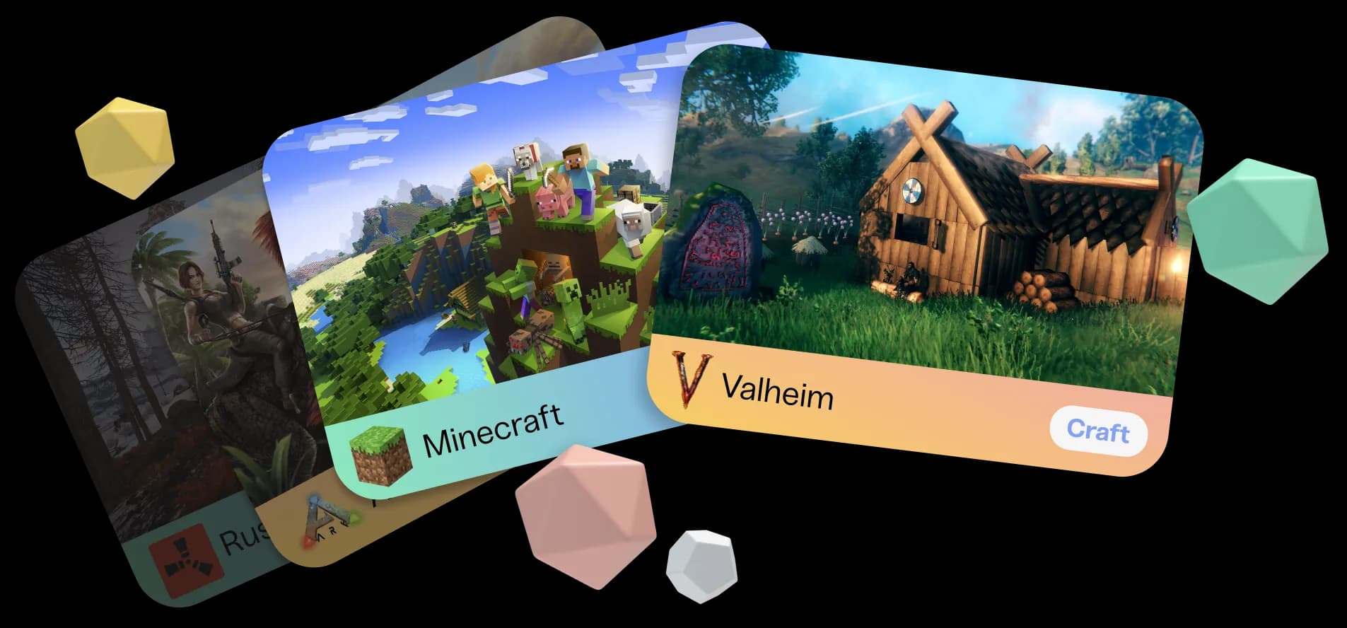 A stack of games displayed as cards spread out horizontally, with yellow, green, red, and white D20 dice floating around it.