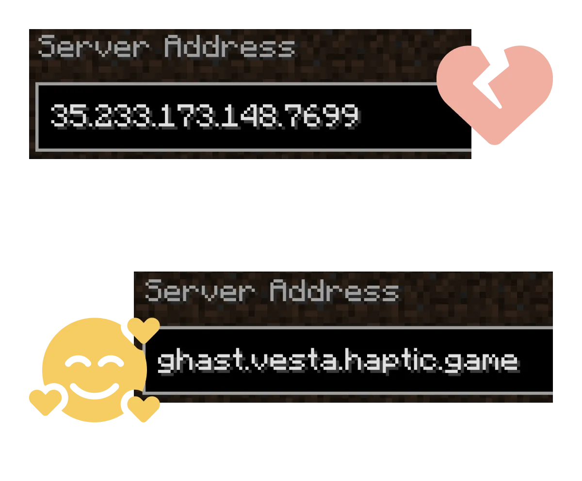 A Minecraft server connection screen with a custom sub domain (hostname) with a smiley face and hearts.