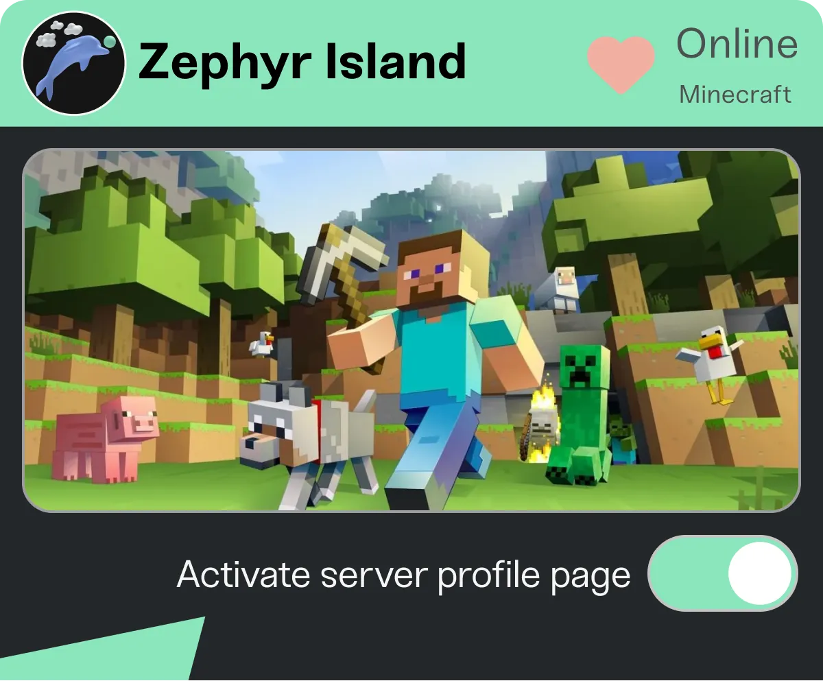 A public server profile page showing an online Minecraft server, with a toggle to activate the profile.
