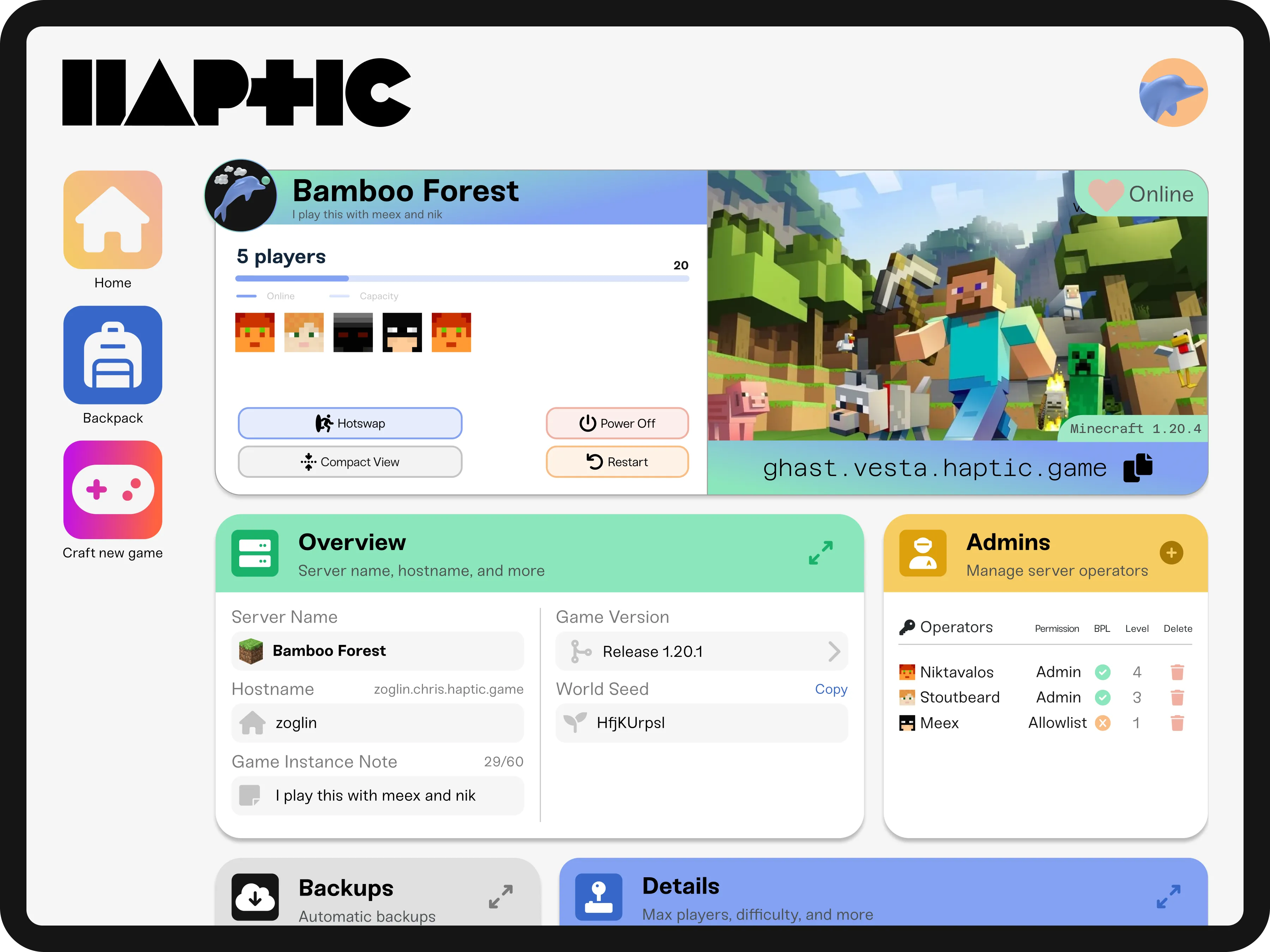 A tablet using Haptic, showing multiple Minecraft server configuration options.
