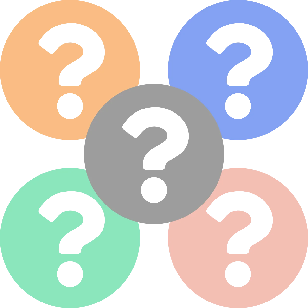 Five big colored circles with white question marks in the center of each one. Four of the circles make a perfect square with the last circle being planted in the center.