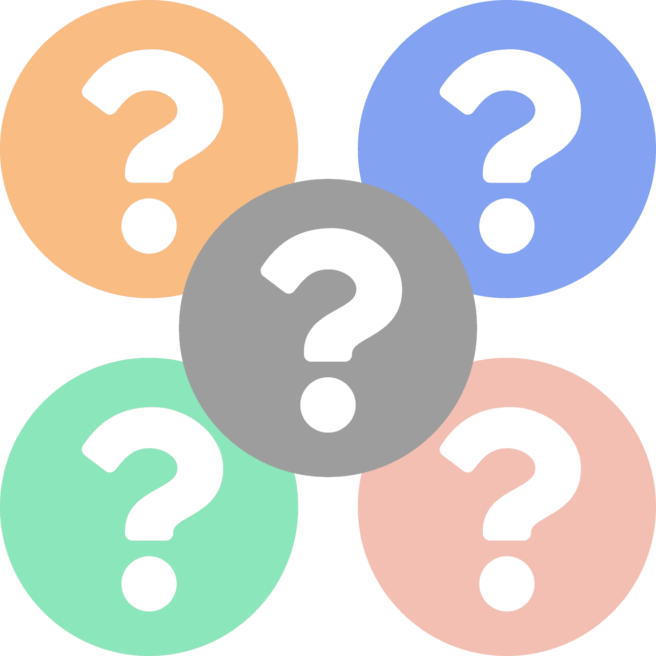 Five big colored circles with white question marks in the center of each one. Four of the circles make a perfect square with the last circle being planted in the center.