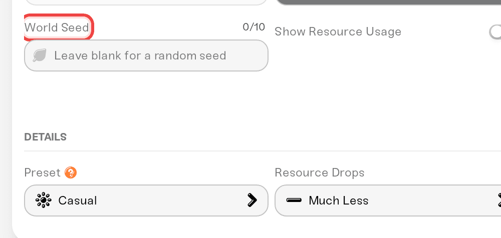The World Seed box on the Basic tab before the first start The World Seed box on the Basic tab before the first start