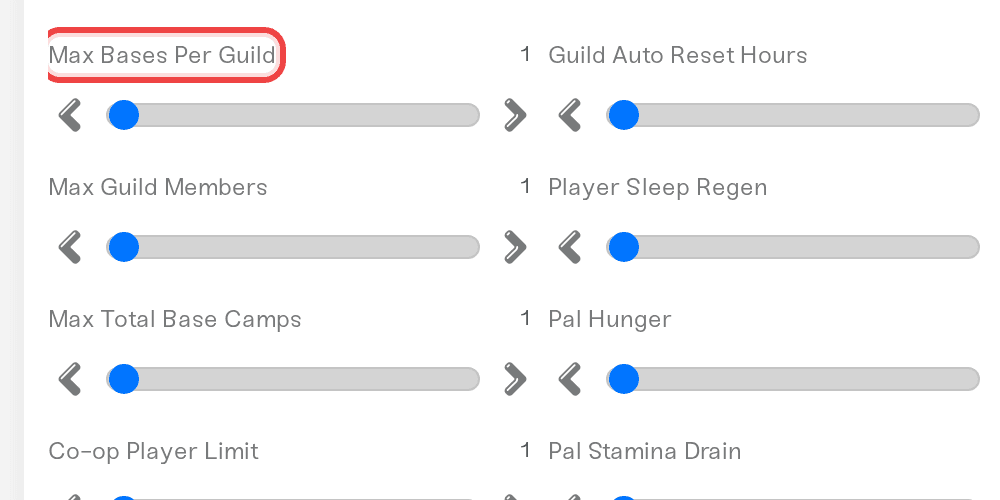 Max Pals Per Base and Max Bases Per Guild on the Details tab Max Pals Per Base and Max Bases Per Guild on the Details tab