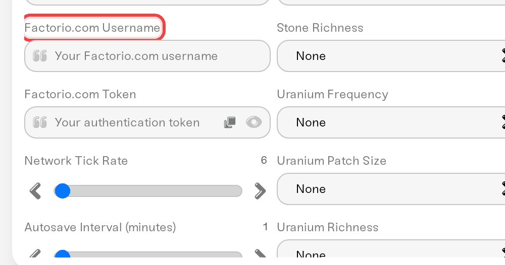 The Factorio.com Username and Token fields that appear once List Publicly is ticked The Factorio.com Username and Token fields that appear once List Publicly is ticked