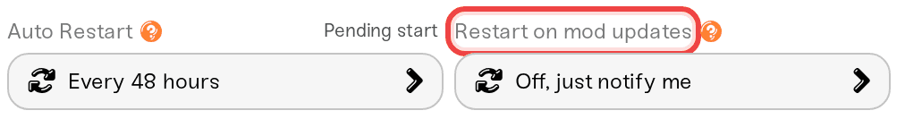 The Restart on mod updates dropdown in the expanded Overview card The Restart on mod updates dropdown in the expanded Overview card
