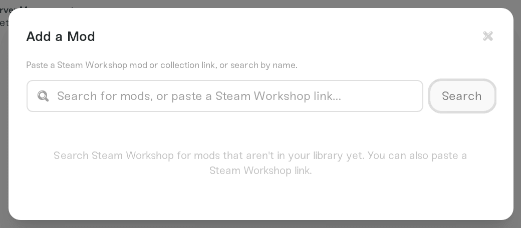 The Add a Mod window, where you paste a Steam Workshop link
