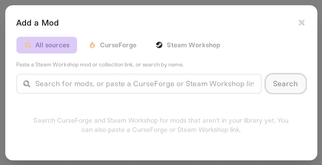 Steam Workshop tab selected in the Add a Mod window with the search field