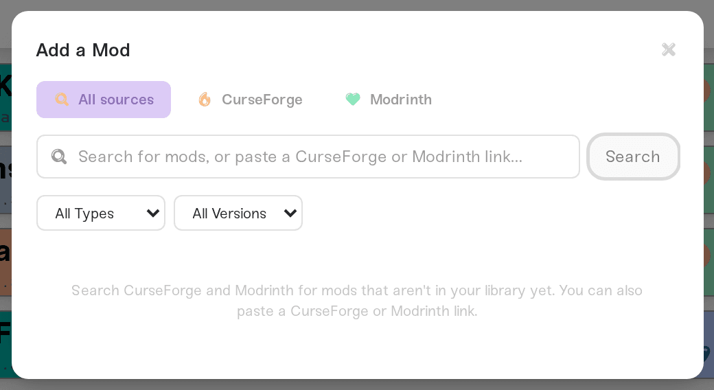 The Add a Mod window with its source tabs