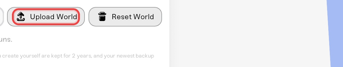 Upload World button in the Backups card of a Windrose server Upload World button in the Backups card of a Windrose server
