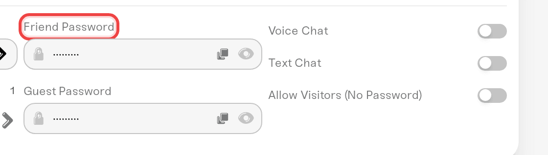 The Admin, Friend, and Guest Password fields in the Details tab The Admin, Friend, and Guest Password fields in the Details tab
