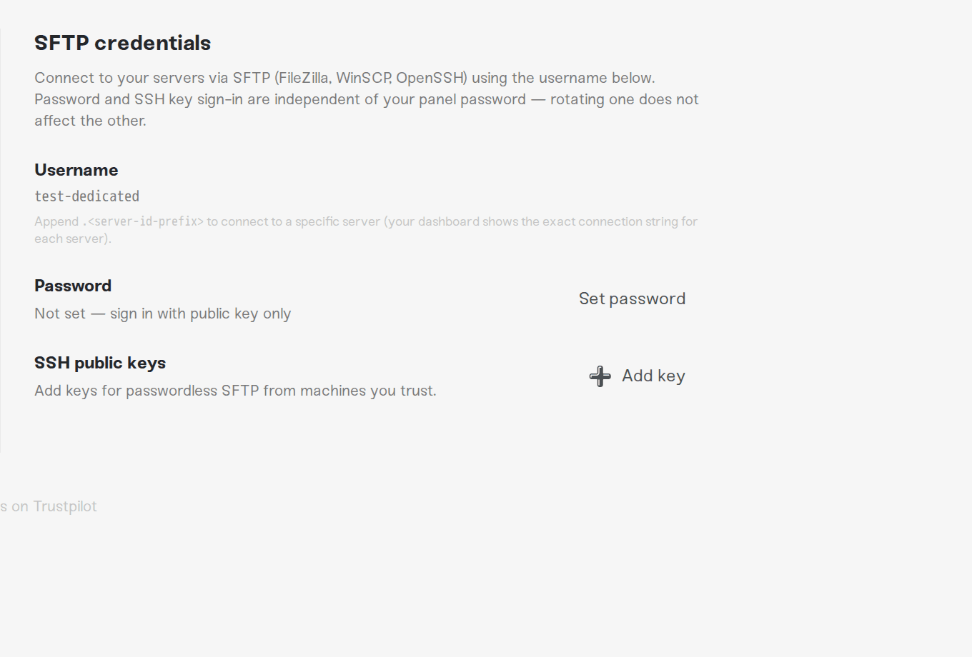 The SFTP credentials section of Account Settings, where you rotate your SFTP password The SFTP credentials section of Account Settings, where you rotate your SFTP password