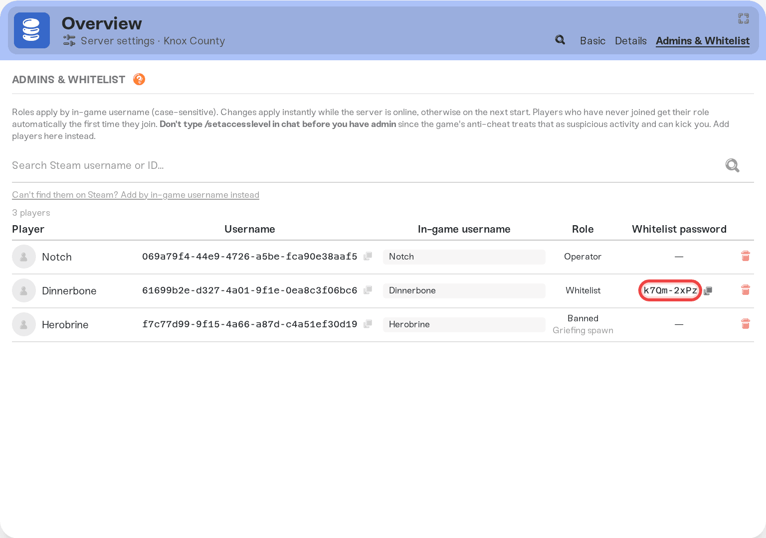 A whitelist player's row in the Admins & Whitelist tab with the generated Whitelist password and its copy button A whitelist player's row in the Admins & Whitelist tab with the generated Whitelist password and its copy button