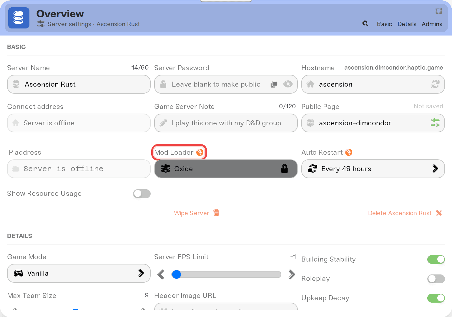 The Mod Loader picker in the Overview card's Basic tab, set to Oxide The Mod Loader picker in the Overview card's Basic tab, set to Oxide