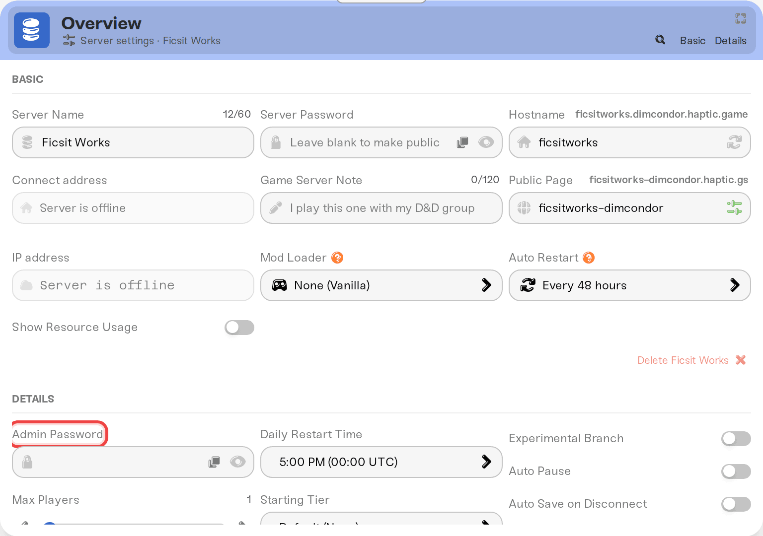 The Admin Password field in the Details tab with its eye icon and copy button The Admin Password field in the Details tab with its eye icon and copy button