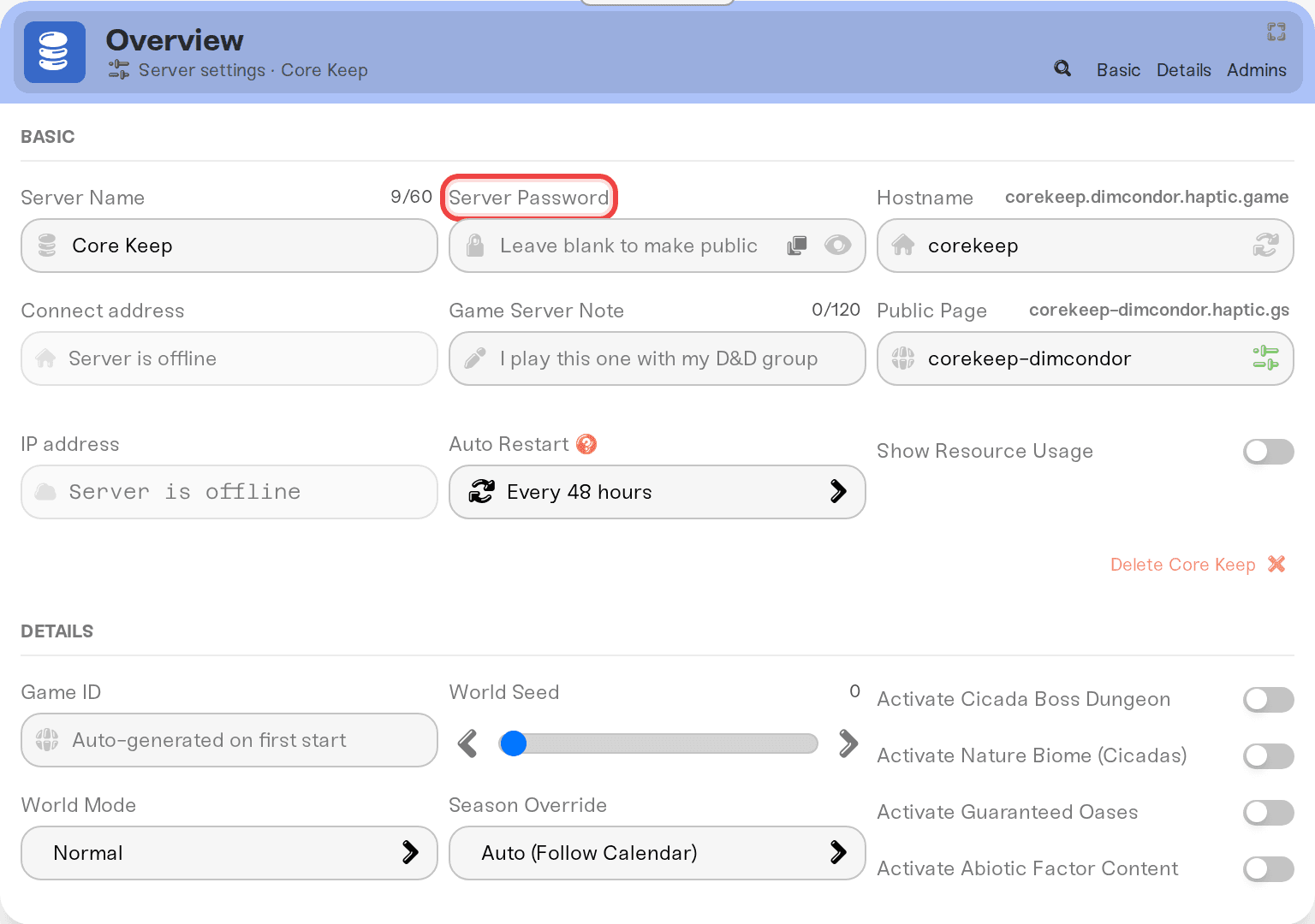 The Server Password field in the Basic tab of the Overview card The Server Password field in the Basic tab of the Overview card