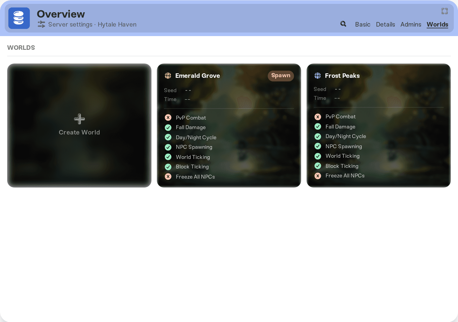The Worlds tab showing world cards and the Create World button The Worlds tab showing world cards and the Create World button