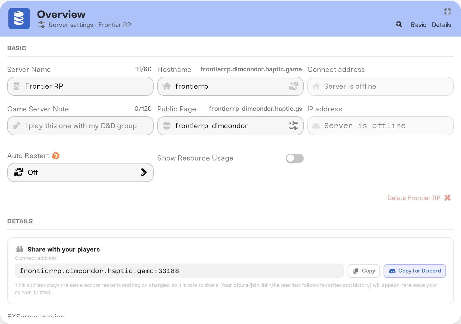 First-start dialog with VORP Core selected, showing the Steam Web API key warning under the framework dropdown First-start dialog with VORP Core selected, showing the Steam Web API key warning under the framework dropdown