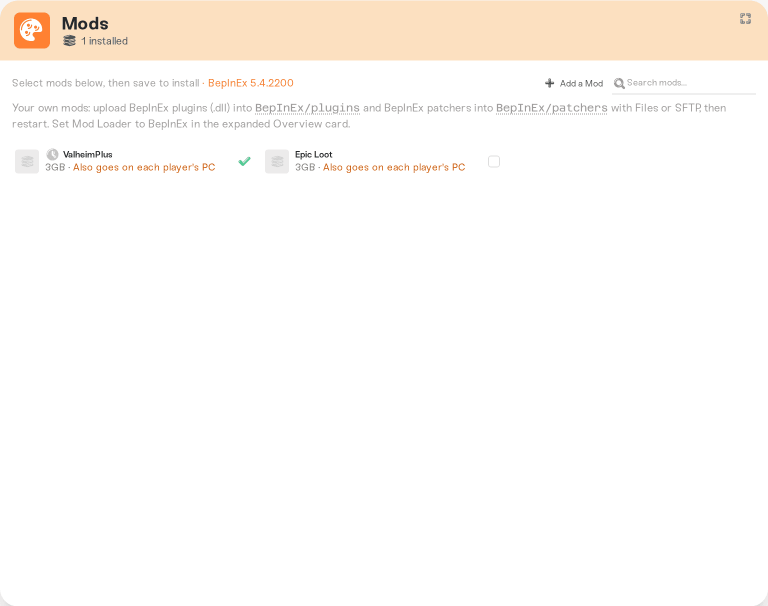 Installed mod rows with badges showing which mods must also be installed on player PCs Installed mod rows with badges showing which mods must also be installed on player PCs