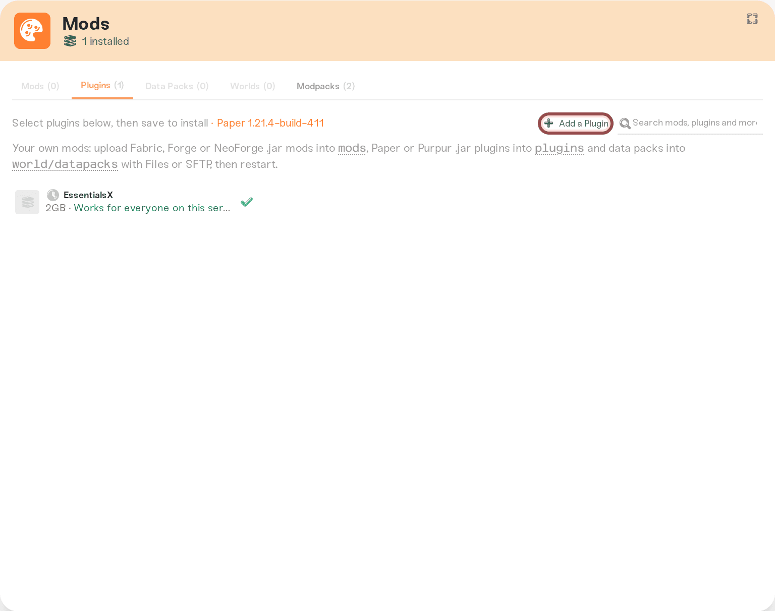 The expanded Mods card with its tabs, search box, and Add button The expanded Mods card with its tabs, search box, and Add button