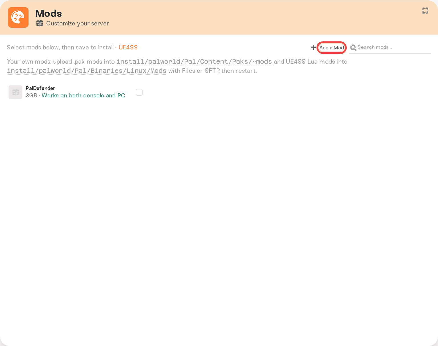 Add a Mod button at the top of the expanded Mods panel