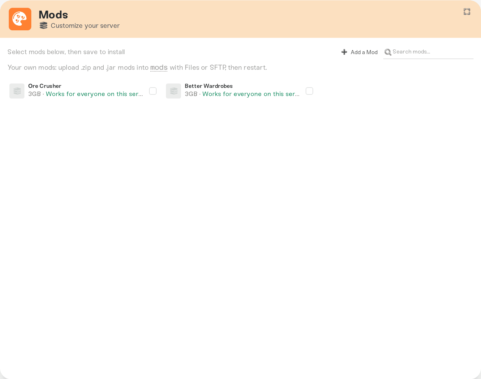 The Mods card on a Hytale server, where catalog mods install with one click The Mods card on a Hytale server, where catalog mods install with one click
