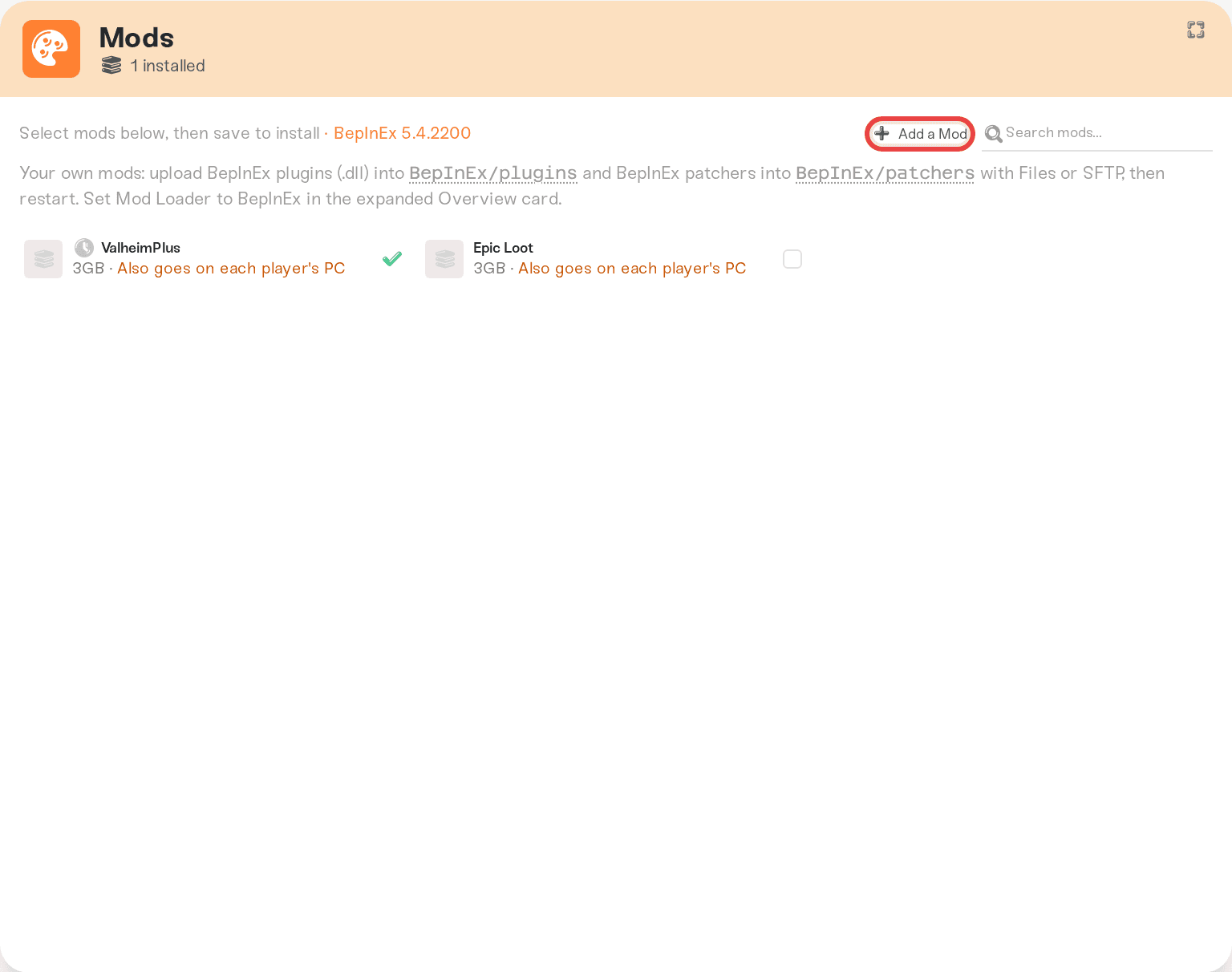 The Add a Mod button in the Mods card