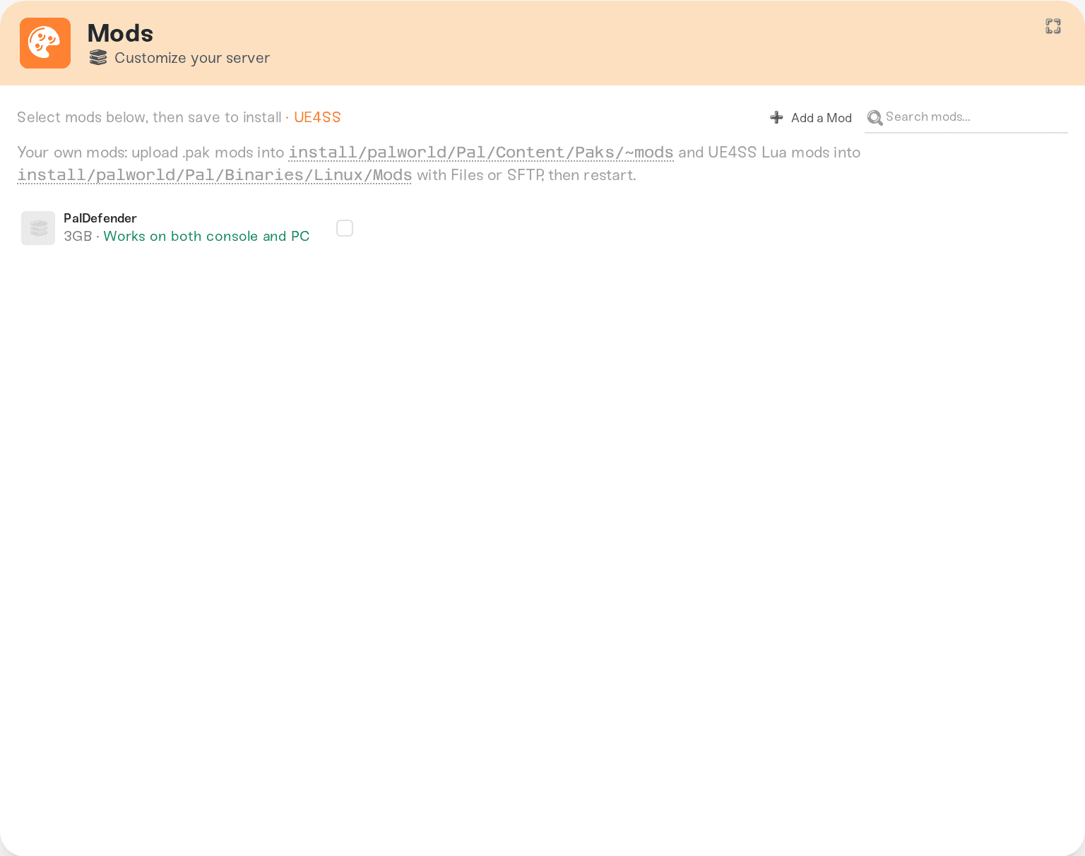 The Mods card on a Palworld server: catalog mods install into the same ~mods folder The Mods card on a Palworld server: catalog mods install into the same ~mods folder