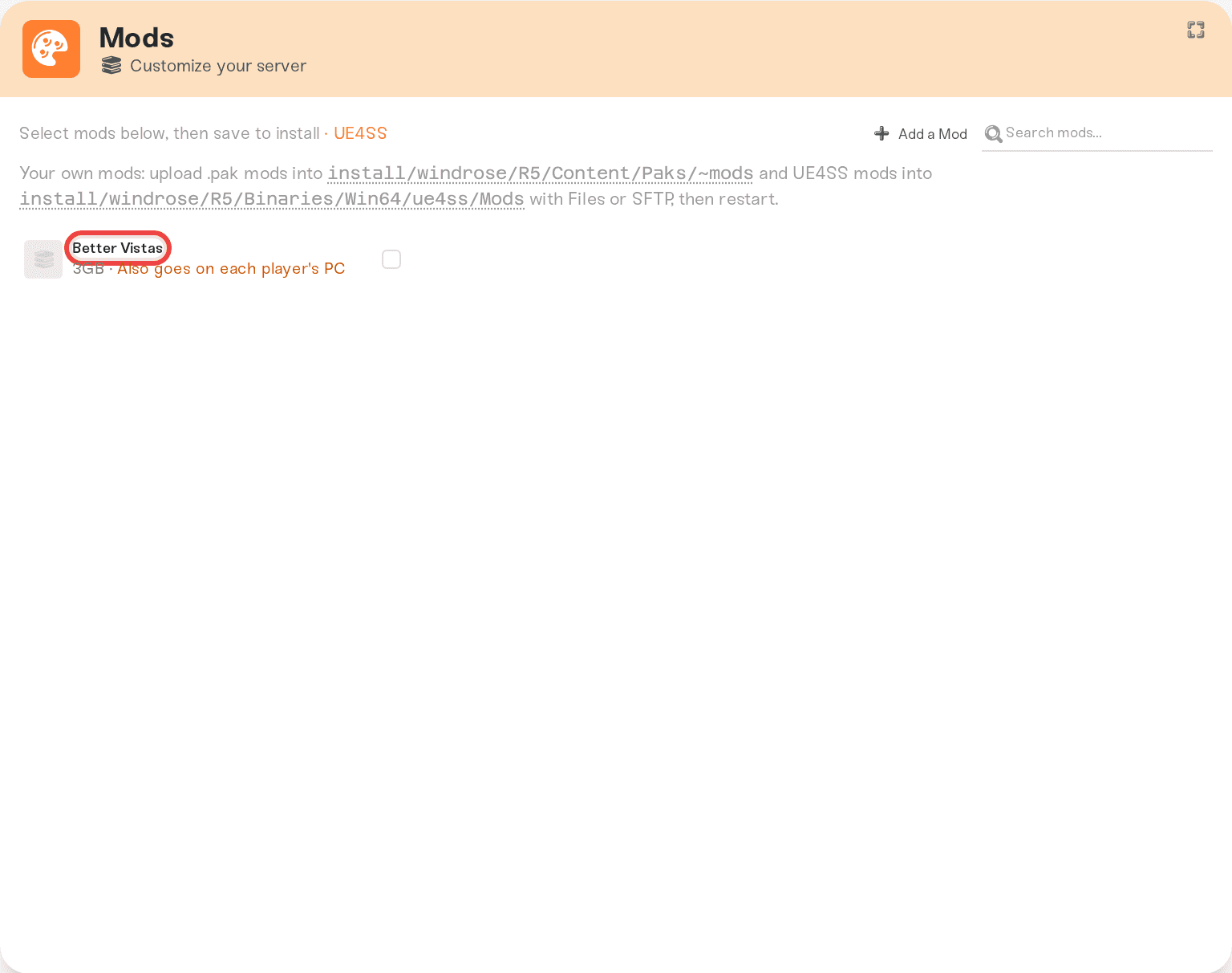A Windrose mod row in the Mods card with its install checkbox and reach label A Windrose mod row in the Mods card with its install checkbox and reach label