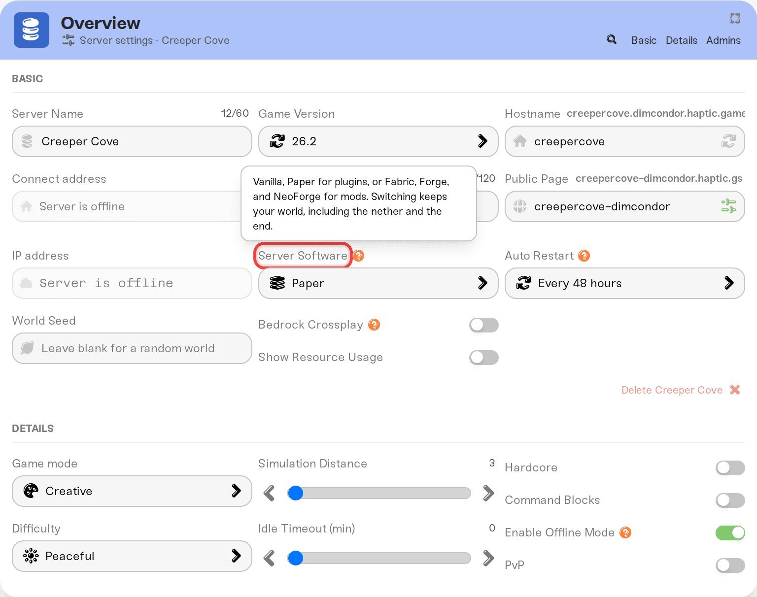 Server Software picker in the expanded Overview card Server Software picker in the expanded Overview card