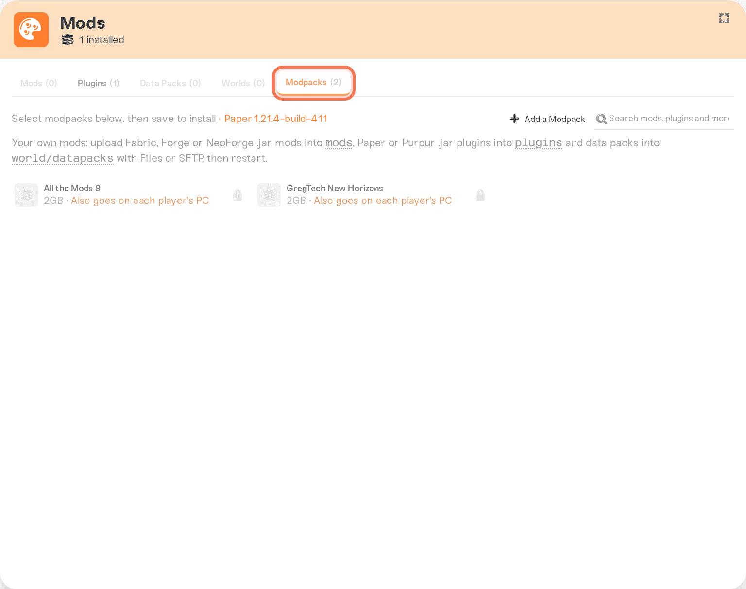 Mods card with the Modpacks tab active Mods card with the Modpacks tab active
