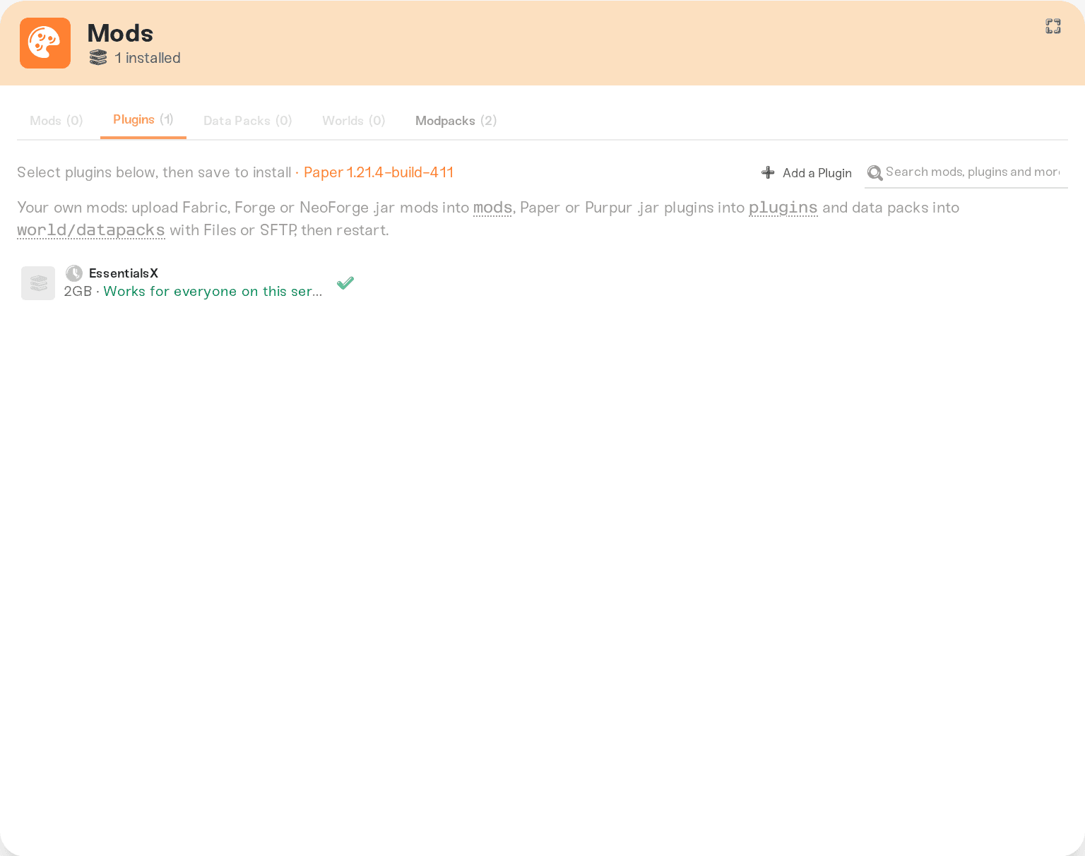 Mods card with the Plugins tab active Mods card with the Plugins tab active