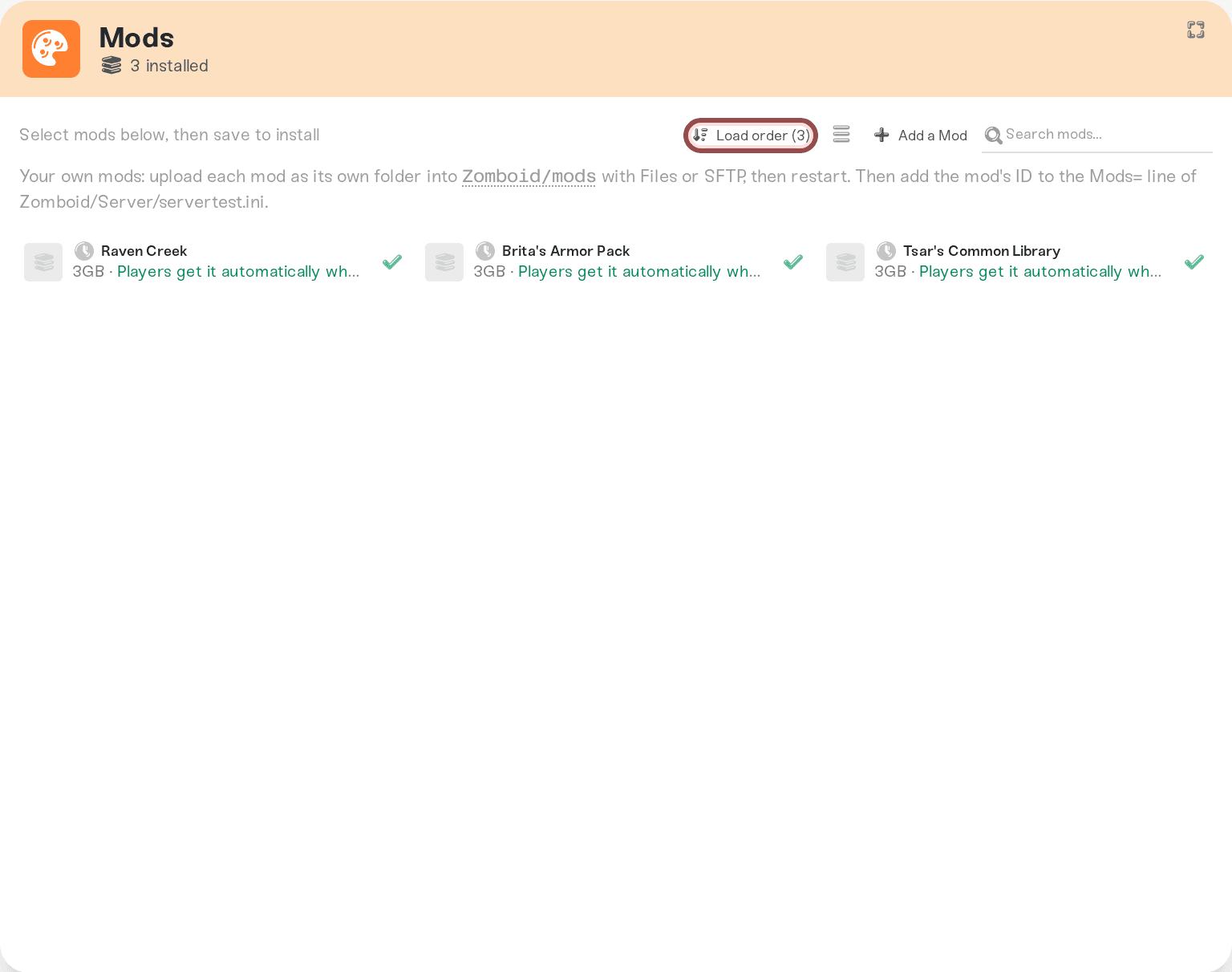 The Load order button at the top of the Mods card The Load order button at the top of the Mods card