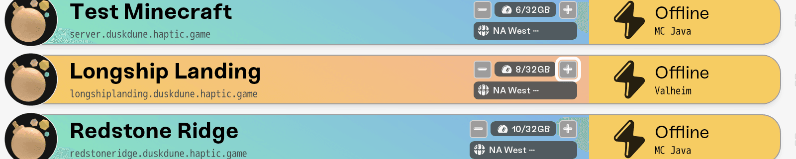 A server's memory stepper in the Manage view, where you give a busy world more memory A server's memory stepper in the Manage view, where you give a busy world more memory