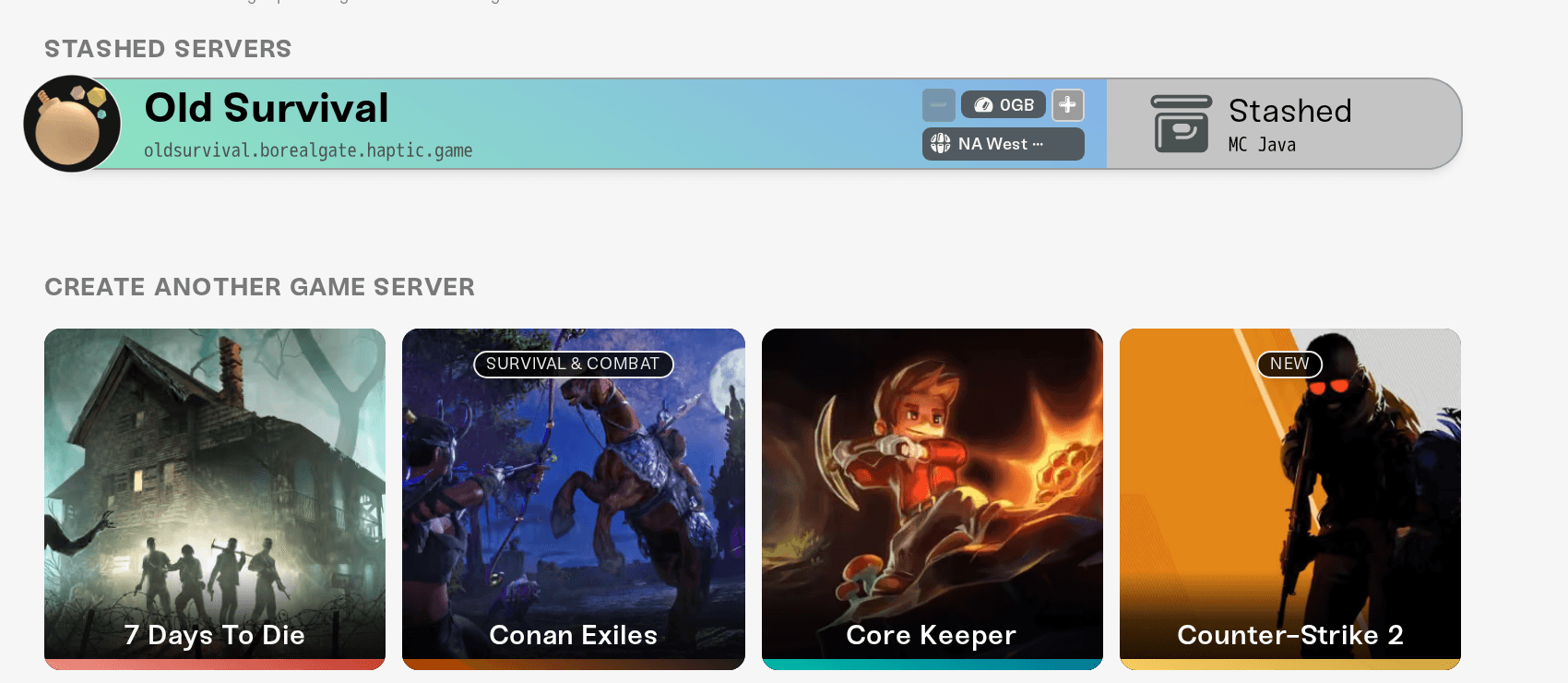 The Stashed Servers section listing servers with the Stashed status