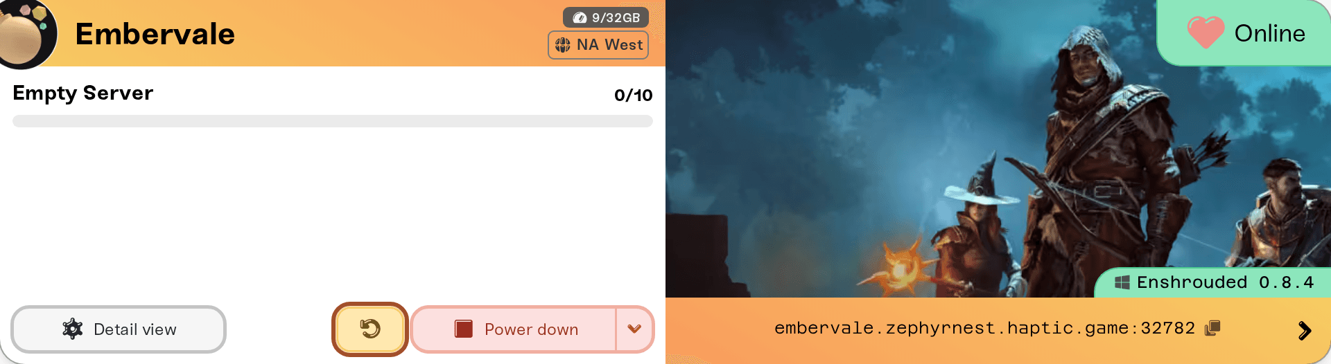 The Restart button on an Enshrouded server's card The Restart button on an Enshrouded server's card