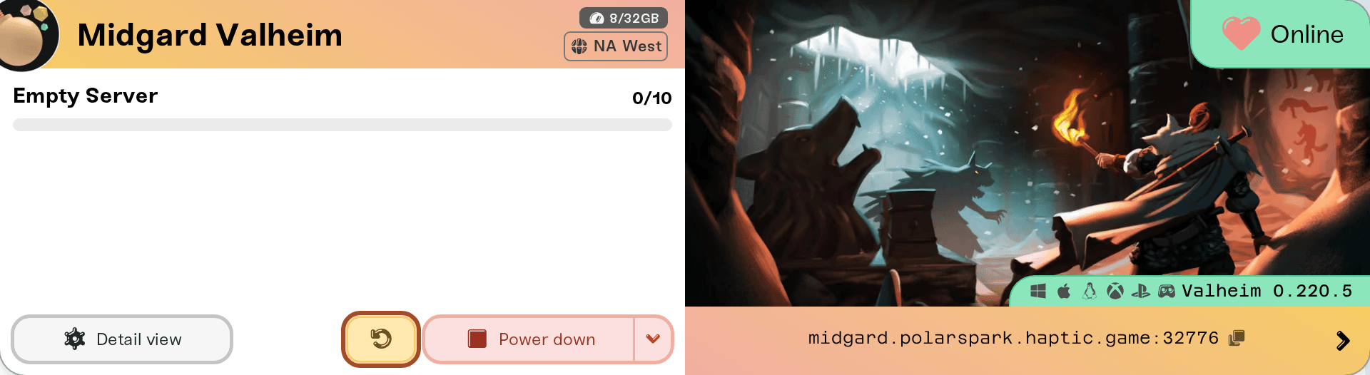 Restart button on the server card
