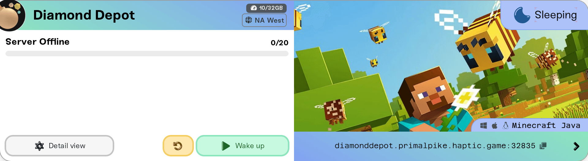 A Wake & Play server card showing the Sleeping status badge A Wake & Play server card showing the Sleeping status badge