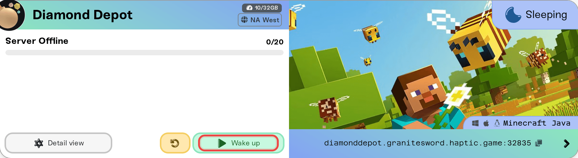 The Wake up button on a sleeping server's card The Wake up button on a sleeping server's card