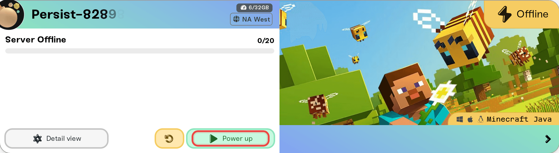 A server card with the Wake up power button highlighted A server card with the Wake up power button highlighted