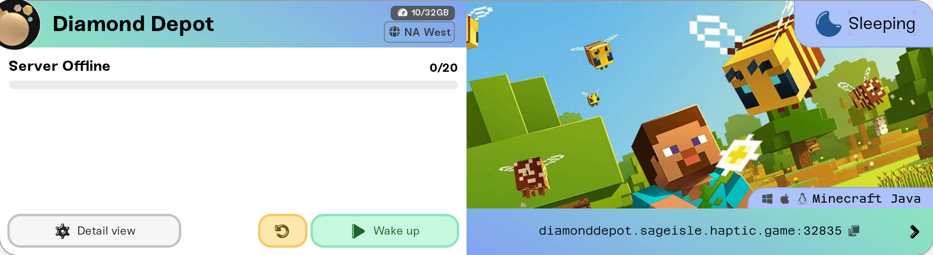A Wake & Play server card showing the Sleeping status A Wake & Play server card showing the Sleeping status